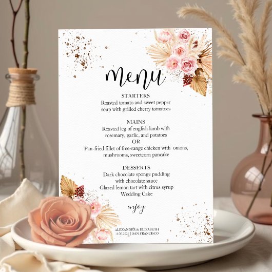 Waterverf bruiloft menu's | Boho Floral Glitter Kaart