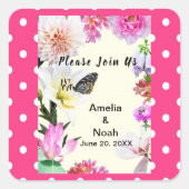 Waterverf Bruiloft met Bloemen & Vlinder Vierkante Sticker (Voorkant)