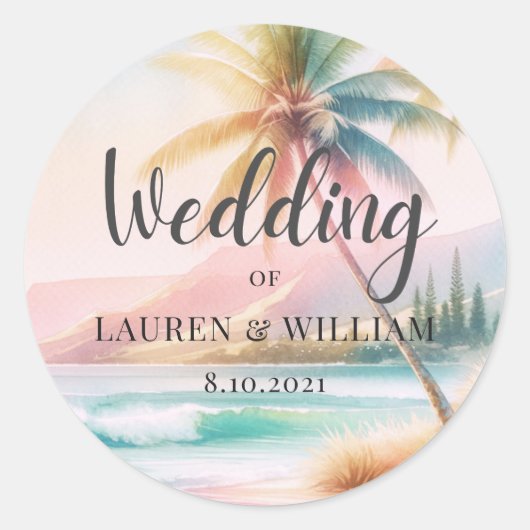 Waterverf Bruiloft met Palmboom op Strand Ronde Sticker (Voorkant)