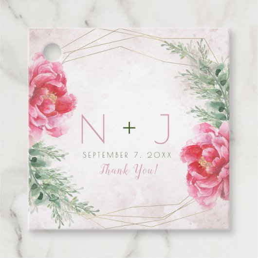 Waterverf Bruiloft met Roze Bloemengebladerte Bedankjes Labels (Voorkant)
