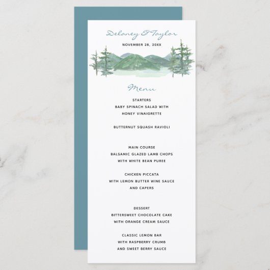 Waterverf bruiloft over bergMeer-thema Menu (Voorkant / Achterkant)