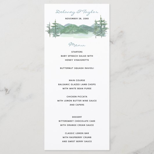 Waterverf bruiloft over bergMeer-thema Menu (Voorkant)