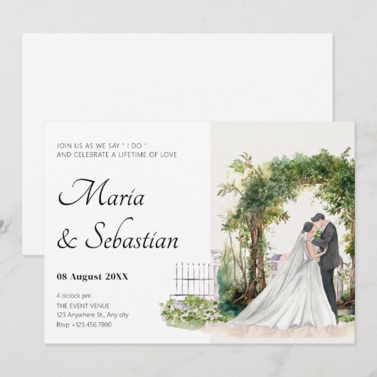 Waterverf bruiloft paar elegantie kaart (Voorkant / Achterkant)