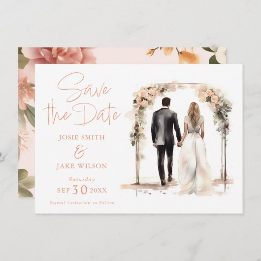 Waterverf bruiloft paar RSVP-kaart Save the Date (Voorkant / Achterkant)