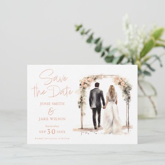 Waterverf bruiloft paar RSVP-kaart Save the Date (Staand voorkant)