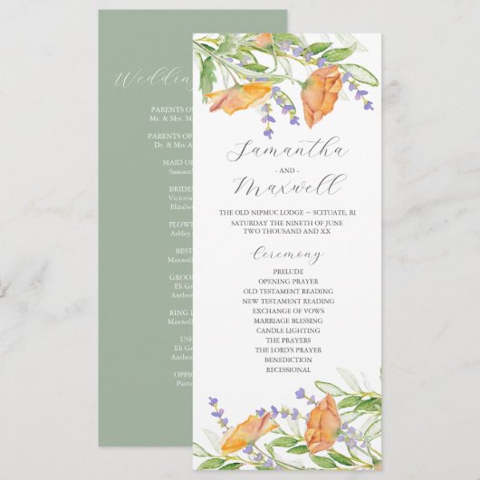 Waterverf bruiloft programma Wildbloemen Programmakaart (Voorkant / Achterkant)