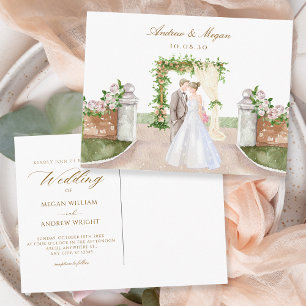 Waterverf bruiloft tuin boog paar kunst briefkaart