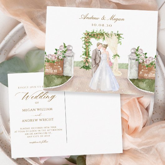 Waterverf bruiloft tuin boog paar kunst briefkaart