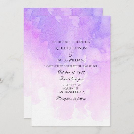 Waterverf bruiloft uitnodiging. Roze en paarse Kaart (Voorkant / Achterkant)
