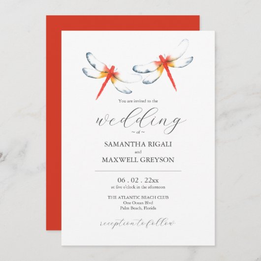 Waterverf bruiloft uitnodigingen rode libellen (Voorkant / Achterkant)