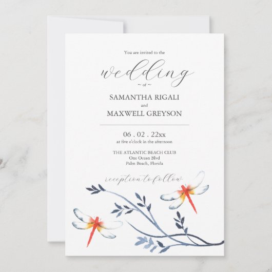 Waterverf bruiloft uitnodigingen rode libellen (Voorkant)