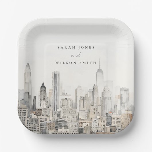 Waterverf bruiloft van de skyline van New York Papieren Bordje (Voorkant)