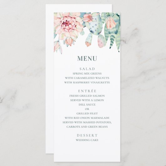 Waterverf bruiloft vetplanten. Roze bloemcactus Menu (Voorkant / Achterkant)