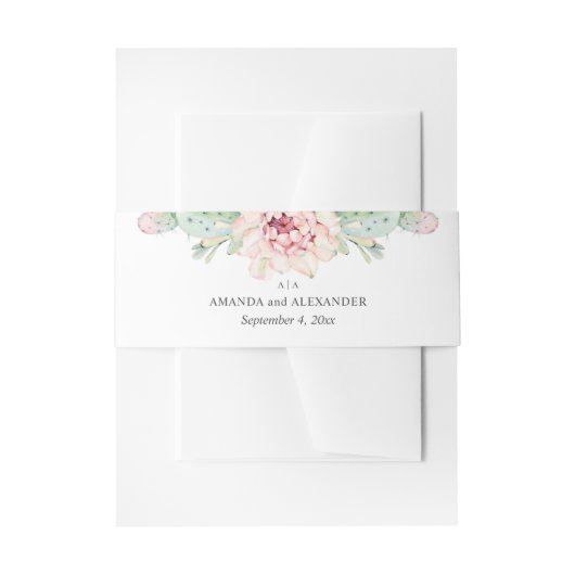 Waterverf bruiloft vetplanten. Roze bloemcactus Uitnodigingen Wikkel (Voorkant Voorbeeld)