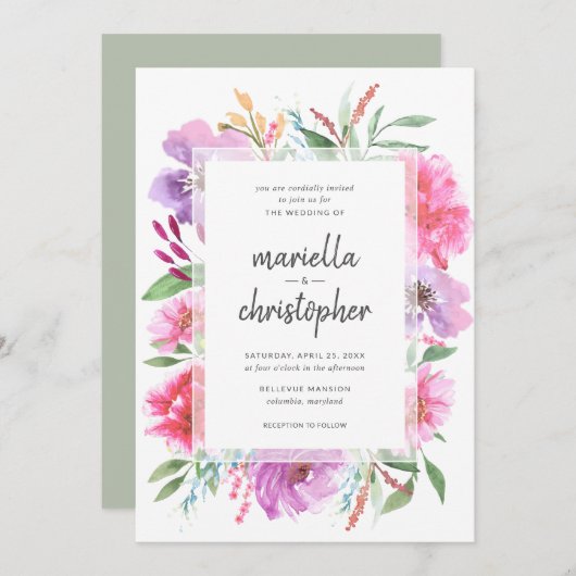 Waterverf bruiloft voorjaar boeket Modern Uitnodig Kaart (Voorkant / Achterkant)