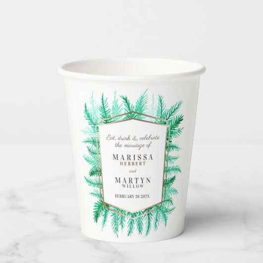 Waterverf bruiloft wintergroen bladgroen papieren bekers (Achterkant)