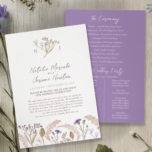 Waterverf bruiloftsprogramma met wilde bloemen en  programmakaart