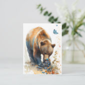 Waterverf Bruin Beer Eten Bosbessen Briefkaart (Staand voorkant)