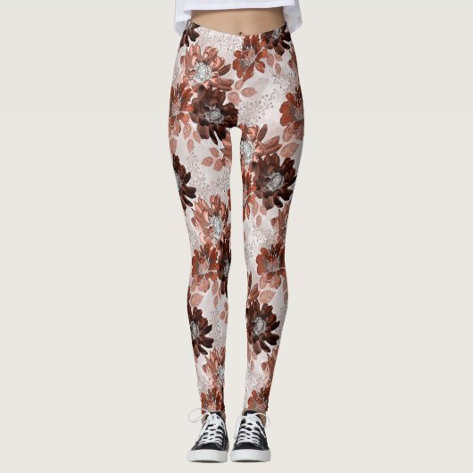 Waterverf bruin grijs bloempatroon. leggings (Voorkant)