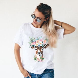 Waterverf bruine koe met bloemkroon t-shirt