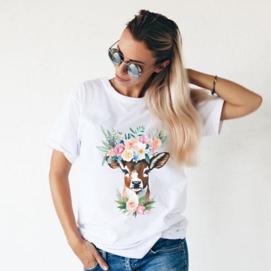 Waterverf bruine koe met bloemkroon t-shirt