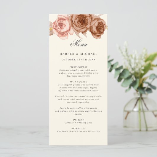 Waterverf bruine rozen monogram trouwmenu menu (Staand voorkant)