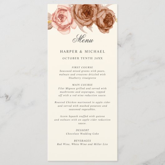 Waterverf bruine rozen monogram trouwmenu menu (Voorkant)