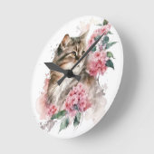 WATERVERF BRUINE TABBY KAT MET ROZE BLOEMEN RONDE KLOK (Hoek)