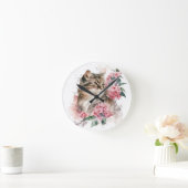 WATERVERF BRUINE TABBY KAT MET ROZE BLOEMEN RONDE KLOK (Huis)