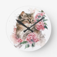WATERVERF BRUINE TABBY KAT MET ROZE BLOEMEN