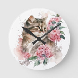 WATERVERF BRUINE TABBY KAT MET ROZE BLOEMEN RONDE KLOK