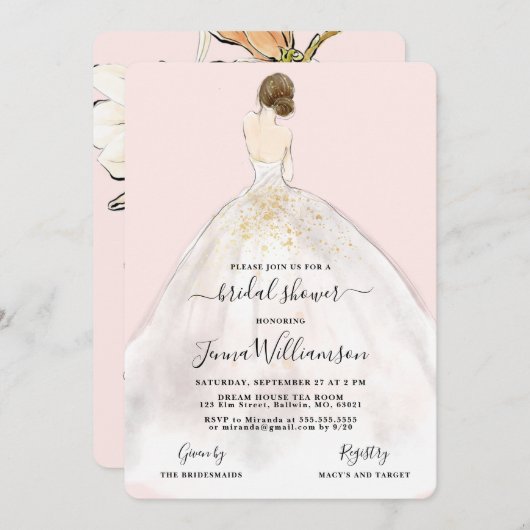 Waterverf Brunette Bruid Bruidsdouche Uitnodiging (Voorkant / Achterkant)