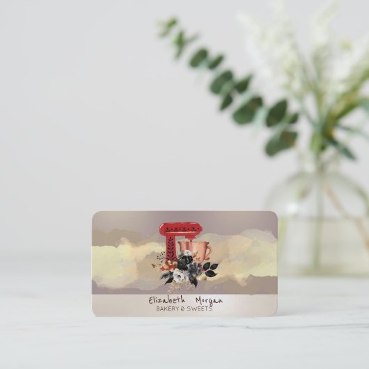 Waterverf Brush Stroke Black Flowers Cake Mixer Visitekaartje (Staand voorkant)