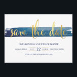 Waterverf Brush Stroke Faux Folie De datum opslaan Save The Date<br><div class="desc">Een chique geavanceerde save the date balanceert een handgeschilderde waterverf penseelstreek gelaagd achter een trendy gescripte faux gold folie "save the date" met een strakke typografische lay-out.</div>
