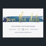 Waterverf Brush Stroke Faux Folie De datum opslaan Save The Date<br><div class="desc">Een chique geavanceerde save the date balanceert een handgeschilderde waterverf penseelstreek gelaagd achter een trendy gescripte faux gold folie "save the date" met een strakke typografische lay-out.</div>