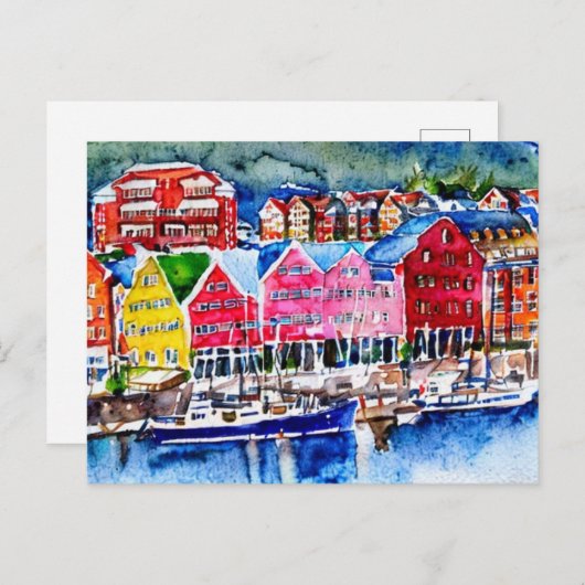 waterverf bryggen bergen noorwegen briefkaart (Voorkant / Achterkant)