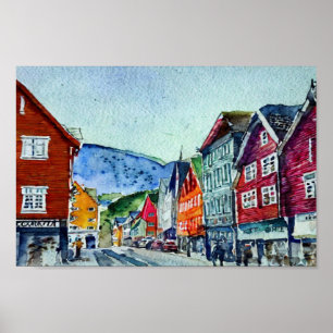 waterverf bryggen bergen noorwegen poster