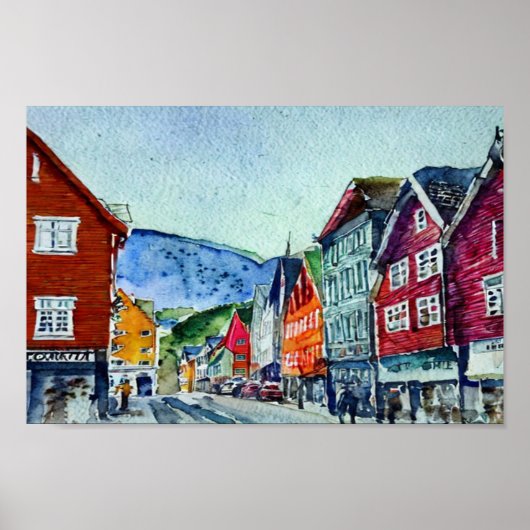 waterverf bryggen bergen noorwegen poster (Voorkant)