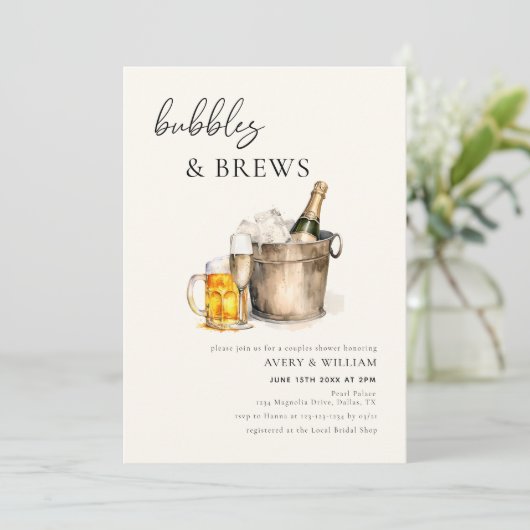 Waterverf Bubbles & Brews Koppels Vrijgezellenfees Kaart (Staand voorkant)