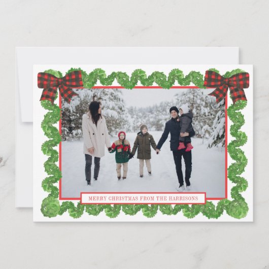 Waterverf Buffalo Plaid Rode Boog Garland Foto Feestdagenkaart (Voorkant)
