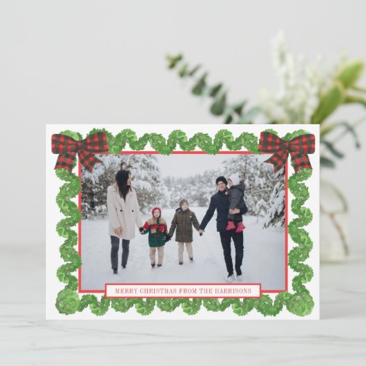 Waterverf Buffalo Plaid Rode Boog Garland Foto Feestdagenkaart (Staand voorkant)