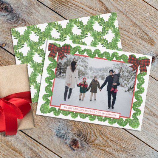 Waterverf Buffalo Plaid Rode Boog Garland Foto Feestdagenkaart