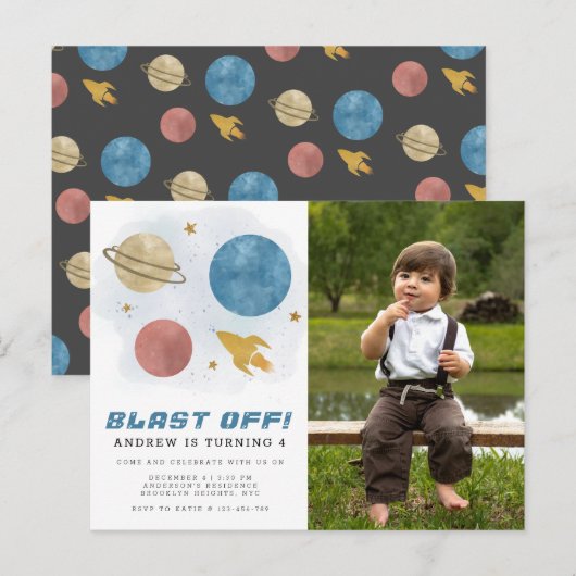 Waterverf buitenruimtevaartuig 4e verjaardag foto briefkaart (Voorkant / Achterkant)