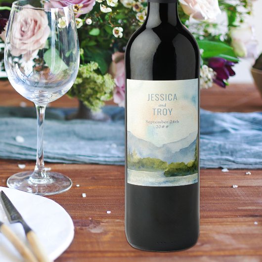 Waterverf buitenshuis van het mountainLake Weddend Wijn Etiket