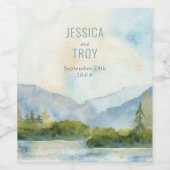 Waterverf buitenshuis van het mountainLake Weddend Wijn Etiket (Enkel label)