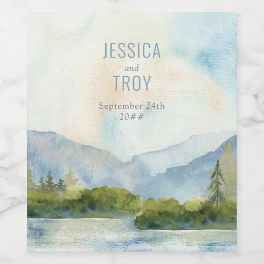 Waterverf buitenshuis van het mountainLake Weddend Wijn Etiket (Enkel label)