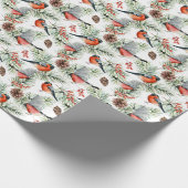 Waterverf Bulfinch Pine Cones Kerstfeestdag Cadeaupapier (Hoek)