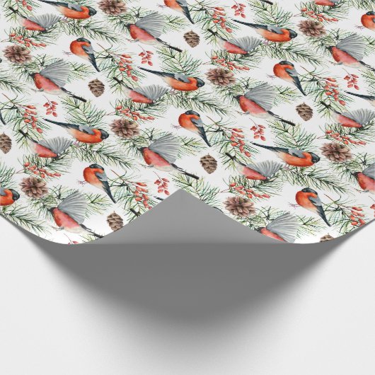 Waterverf Bulfinch Pine Cones Kerstfeestdag Cadeaupapier (Hoek)