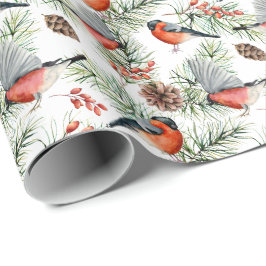 Waterverf Bulfinch Pine Cones Kerstfeestdag Cadeaupapier