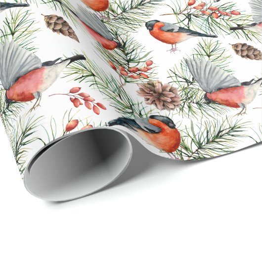 Waterverf Bulfinch Pine Cones Kerstfeestdag Cadeaupapier (Rol Hoek)